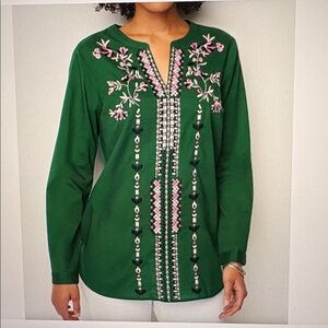 J Jill Size XL Green Embroidered Split Neck Tunic